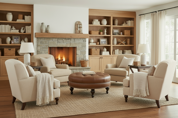 Soren 38 Inch Round Button Tufted Ottoman With Turned Legs