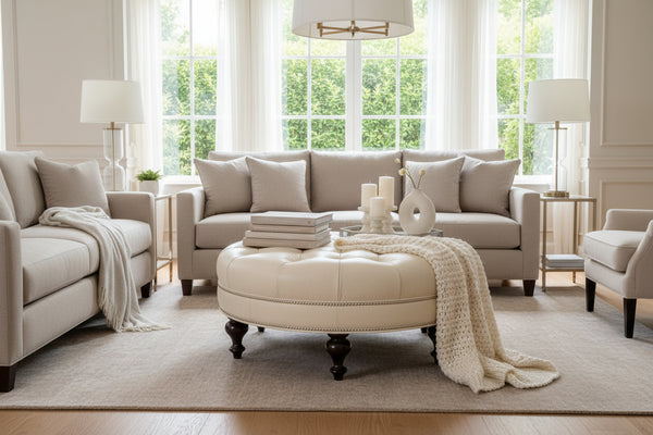 Soren 38 Inch Round Button Tufted Ottoman With Turned Legs