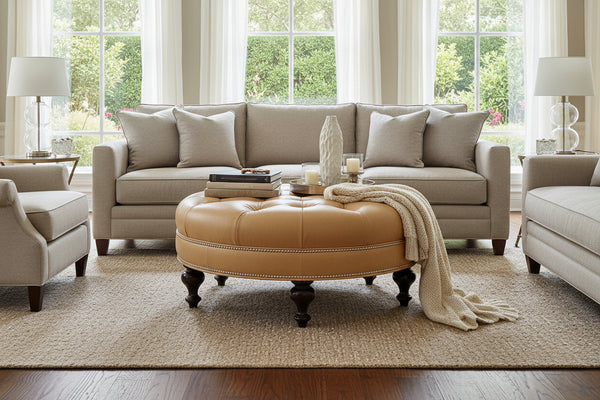 Soren 38 Inch Round Button Tufted Ottoman With Turned Legs