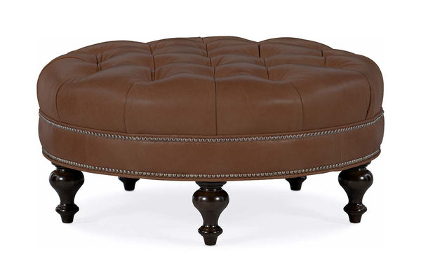 Soren 38 Inch Round Button Tufted Ottoman With Turned Legs