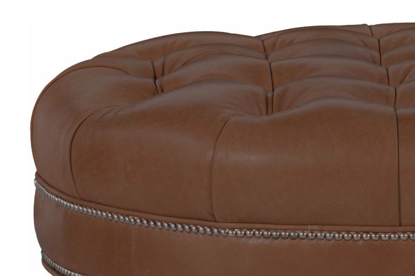 Soren 38 Inch Round Button Tufted Ottoman With Turned Legs