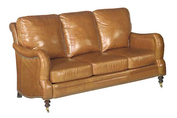 Sullivan Designer Style Leather Sofa w/ Decorative Antique Brass Nailhead Trim