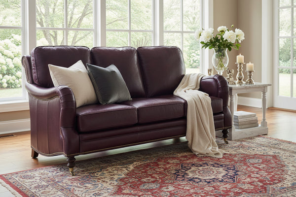 Sullivan 76 Inch Leather Sofa w/ Decorative Antique Brass Nailhead Trim