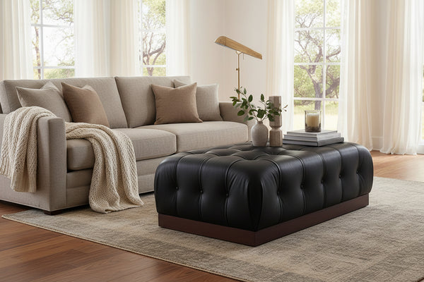 Taylor 54 Inch Long Leather Tufted Coffee Table Ottoman