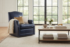 Toby Leather Tight Camelback SWIVEL Accent Chair With Nail Trim
