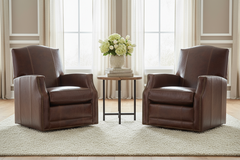 Toby Leather Tight Camelback SWIVEL Accent Chair With Nail Trim
