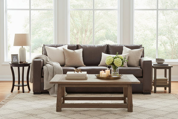 Wellington 92 Inch Large Square Arm Leather Pillow Back Couch With Nails