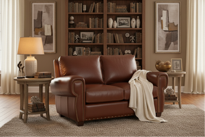 Weston Leather Loveseat 8-Way Hand Tied W/ Contrasting Nailhead Trim