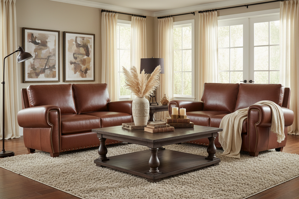 Weston Leather Loveseat 8-Way Hand Tied W/ Contrasting Nailhead Trim