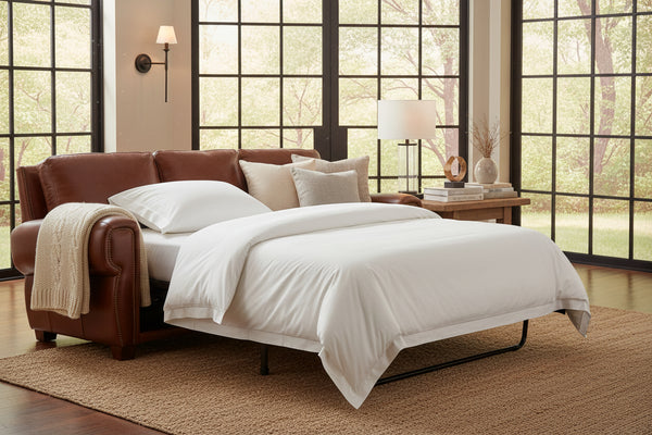 Weston 85 Inch Leather Queen Sleeper Couch w/ Contrasting Nailhead Trim