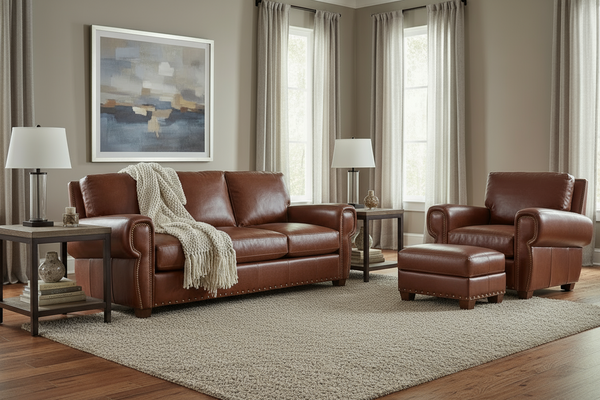 Weston Leather Queen Sleeper Sofa Set w/ Contrasting Nailhead Trim