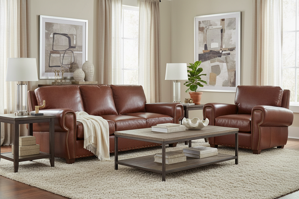 Weston Leather Queen Sleeper Sofa & Recliner Set w/ Contrasting Nailhead Trim