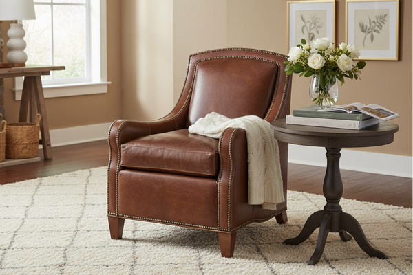 Wilbur Transitional Leather Upholstered Accent Chair With Nails