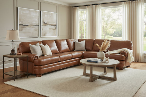 Winfield T-Cushion Rolled Arm Leather Sectional Sofa
