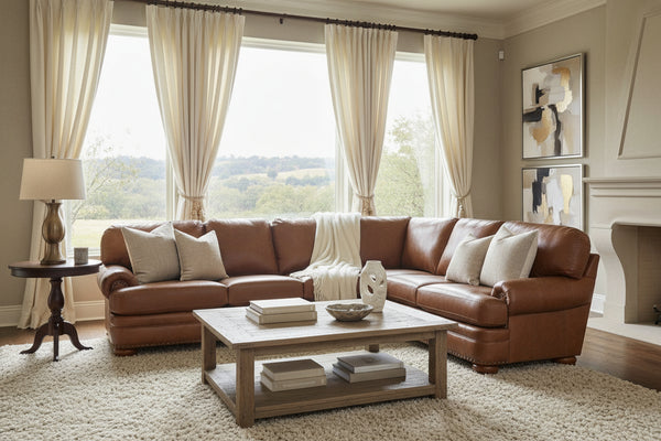 Winfield T-Cushion Rolled Arm Leather Sectional Sofa