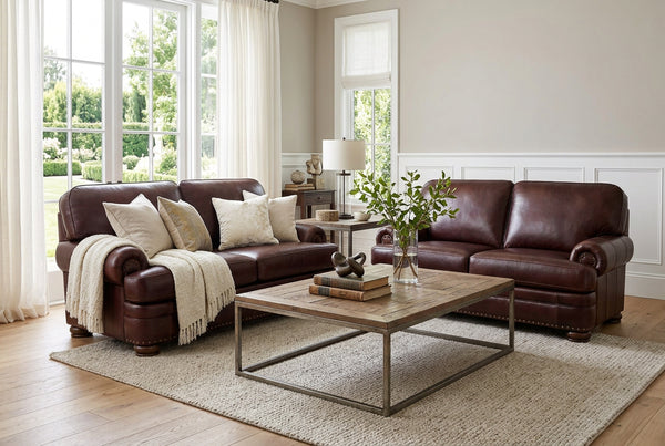 Winfield Pillow Back Leather Loveseat With Nailhead Trim