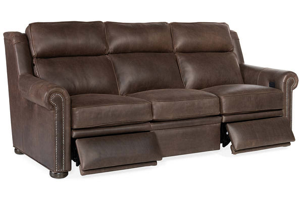 Winston 91 Inch Bustle Back "WALL HUGGER" Traditional Power Three Cushion Leather Sofa