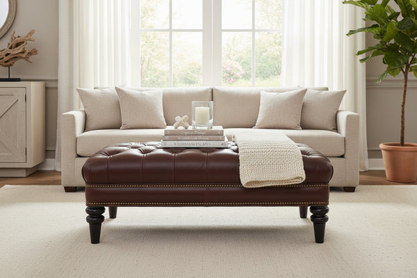 Worthington 44 Inch Rectangular Deep Button Tufted Leather Upholstered Ottoman Coffee Table