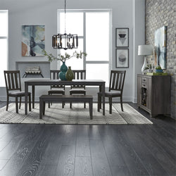 Carson 6 Piece Rectangular Leg Table Dining Set In Greystone Finish With Slat Back Chairs And Dining Bench