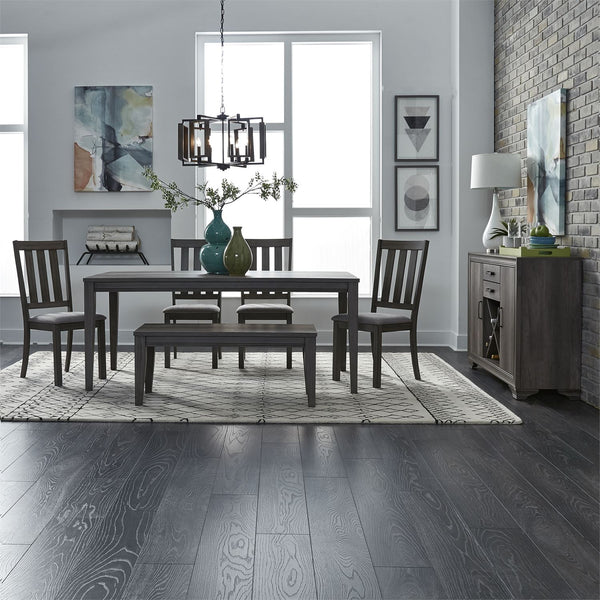 Carson 6 Piece Rectangular Leg Table Dining Set In Greystone Finish With Slat Back Chairs And Dining Bench