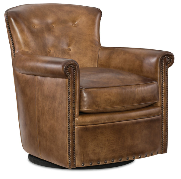 Byrne Pawn "Quick Ship" Leather Swivel Accent Chair With Nail Trim