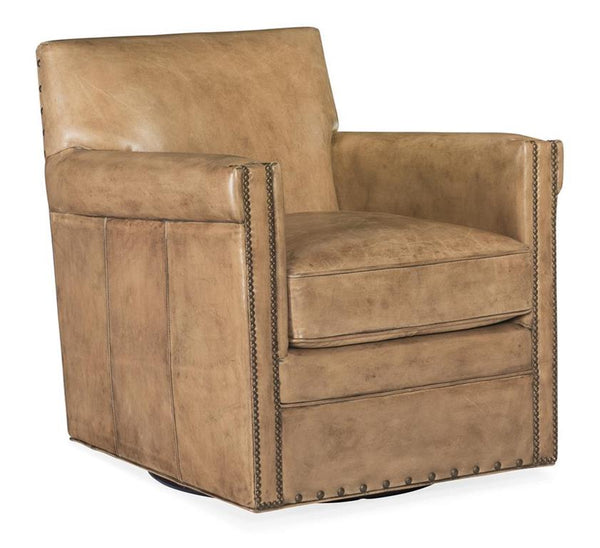 Herbert SWIVEL Batiste Sepia "Quick Ship" Traditional Tight Back Leather Accent Chair With Nail Trim