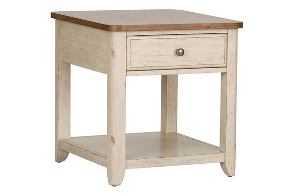 Aberdeen Distressed White Single Drawer End Table With Storage Basket And Chesnut Top - Club Furniture