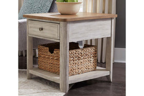 Aberdeen Distressed White Single Drawer End Table With Storage Basket And Chesnut Top