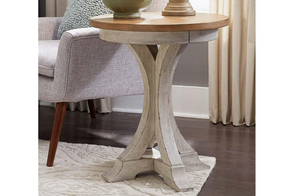 Aberdeen Distressed White Round Pedestal Base Chair Side Table With Chesnut Top - Club Furniture