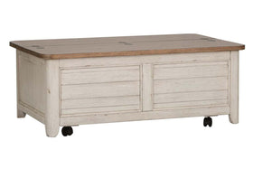 Aberdeen Distressed Antique White Cedar Lined Storage Coffee Table With Chestnut Top