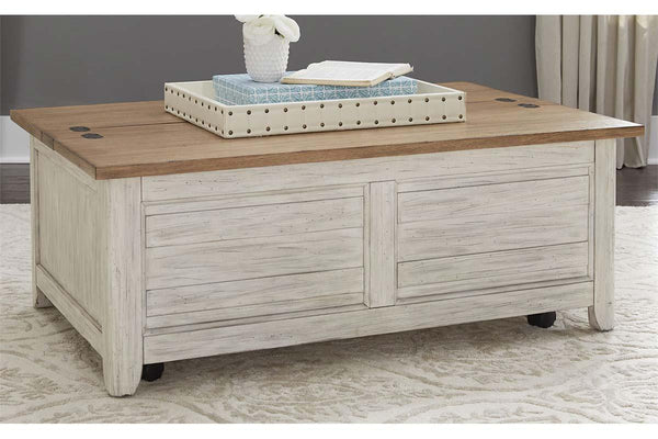 Aberdeen Distressed Antique White Cedar Lined Storage Coffee Table With Chestnut Top - Club Furniture
