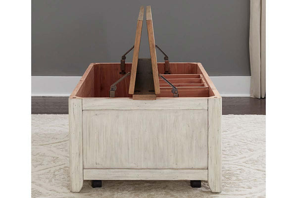 Aberdeen Distressed Antique White Cedar Lined Storage Coffee Table With Chestnut Top - Club Furniture