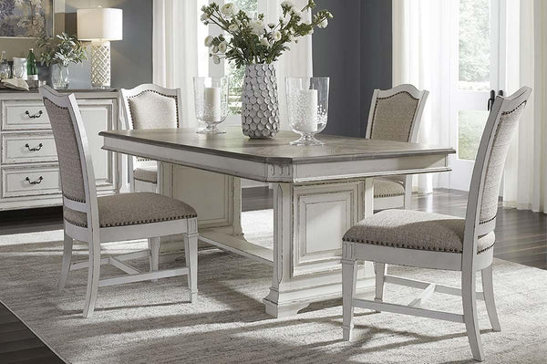 Adair 5 Piece Antique White Trestle Dining Table Set With Chenille Upholstered Side Chairs - Club Furniture