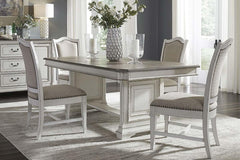 Adair 5 Piece Antique White Trestle Dining Table Set With Chenille Upholstered Side Chairs