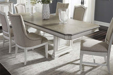 Adair 7 Piece Antique White Trestle Dining Table Set With Chenille Upholstered Chairs - Club Furniture