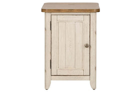 Aberdeen Distressed White Door Chair Side Table With Chesnut Top And Charging Station
