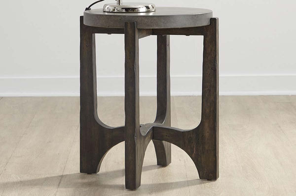 Anslow Contemporary Round Chair Side Table With Dark Wood Base And Concrete Composite Top