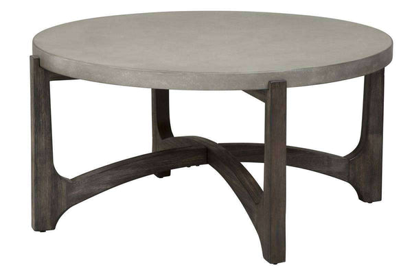 Anslow Round Contemporary Coffee Table With Dark Wood Base And Concrete Composite Top