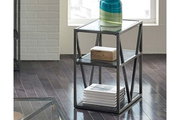 Archer Rectangular Metal Base Chair Side Table With Glass Top And Wood Shelves