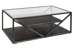 Archer Rectangular Metal Base Coffee Table With Glass Top And Wood Shelves
