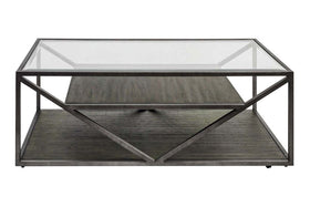 Archer Rectangular Metal Base Coffee Table With Glass Top And Wood Shelves