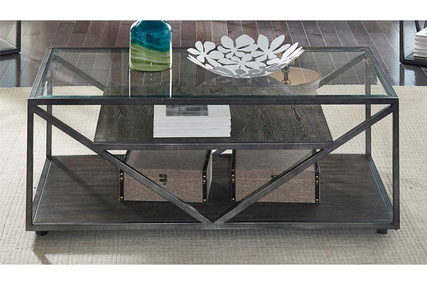 Archer Rectangular Metal Base Coffee Table With Glass Top And Wood Shelves