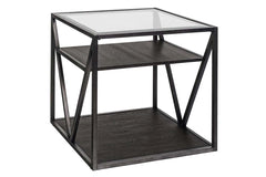 Archer Rectangular Metal Base End Table With Glass Top And Wood Shelves