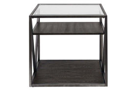Archer Rectangular Metal Base End Table With Glass Top And Wood Shelves