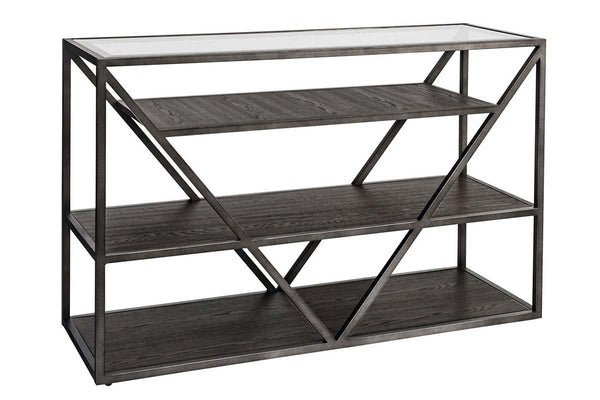 Archer Rectangular Metal Base Sofa Table With Glass Top And Wood Shelv