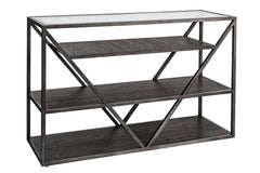 Archer Rectangular Metal Base Sofa Table With Glass Top And Wood Shelves