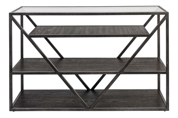 Archer Rectangular Metal Base Sofa Table With Glass Top And Wood Shelves