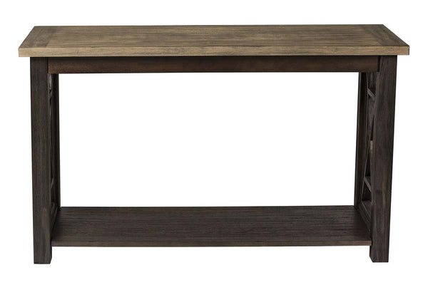 Ardley Transitional Open Storage Sofa Table With Charcoal Base And Two Tone Ash Top