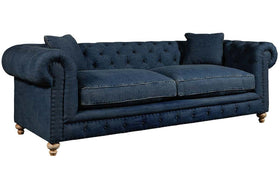 Armstrong 96 Inch Chesterfield "Quick Ship" Sofa In Blue Denim
