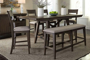 Atherton 6 Piece Counter Height Dark Chestnut Trestle Table Dining Set With Splat Back Side Chairs And Bench